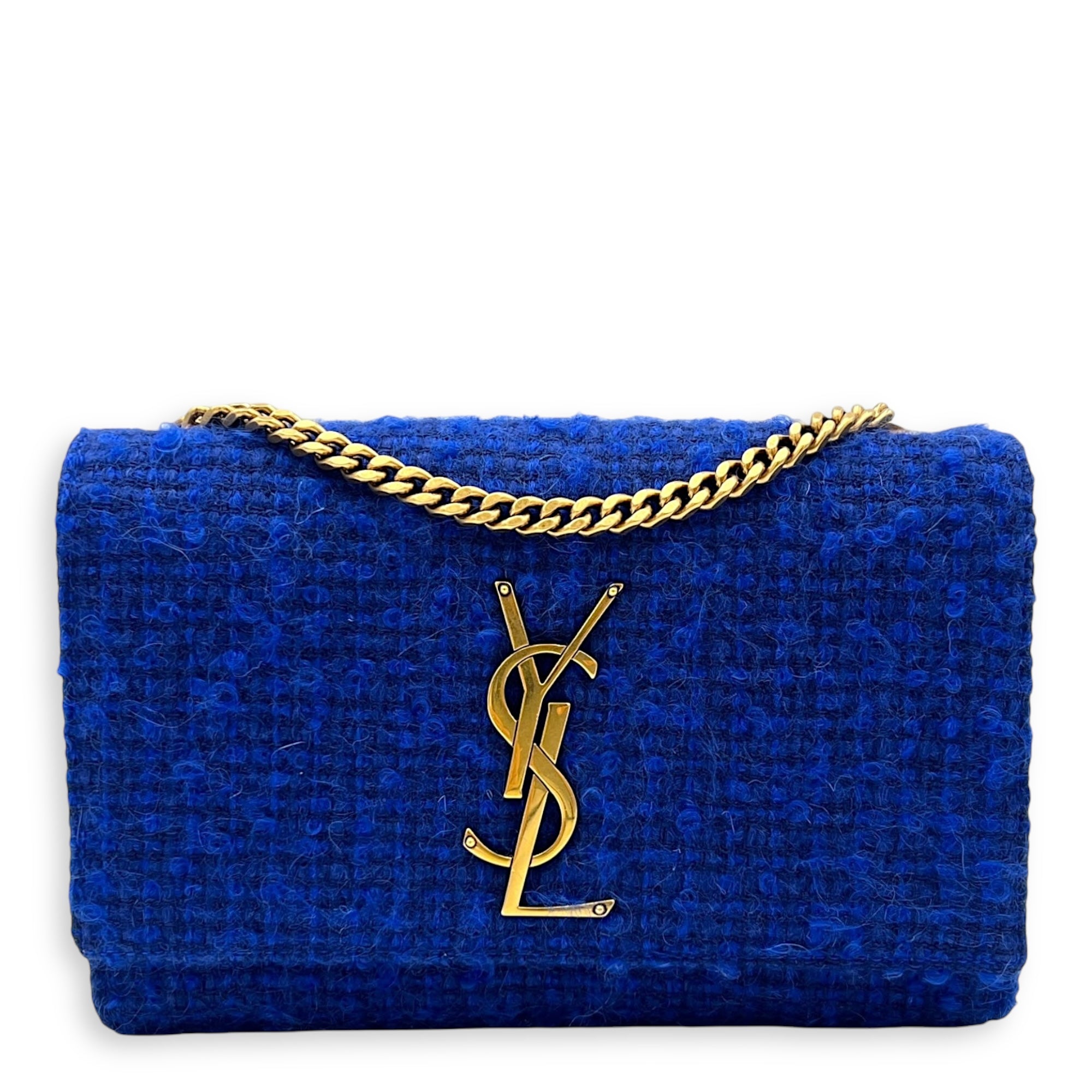 Kate Small Blue Crossbody Bag in Tweed, Gold hardware