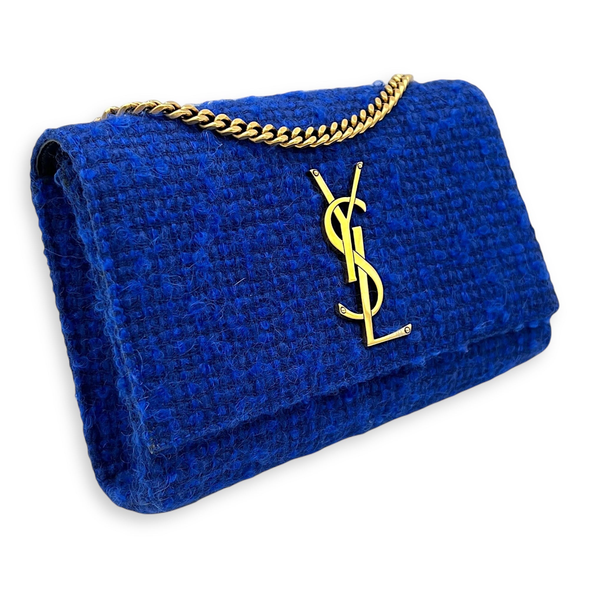 Kate Small Blue Crossbody Bag in Tweed, Gold hardware