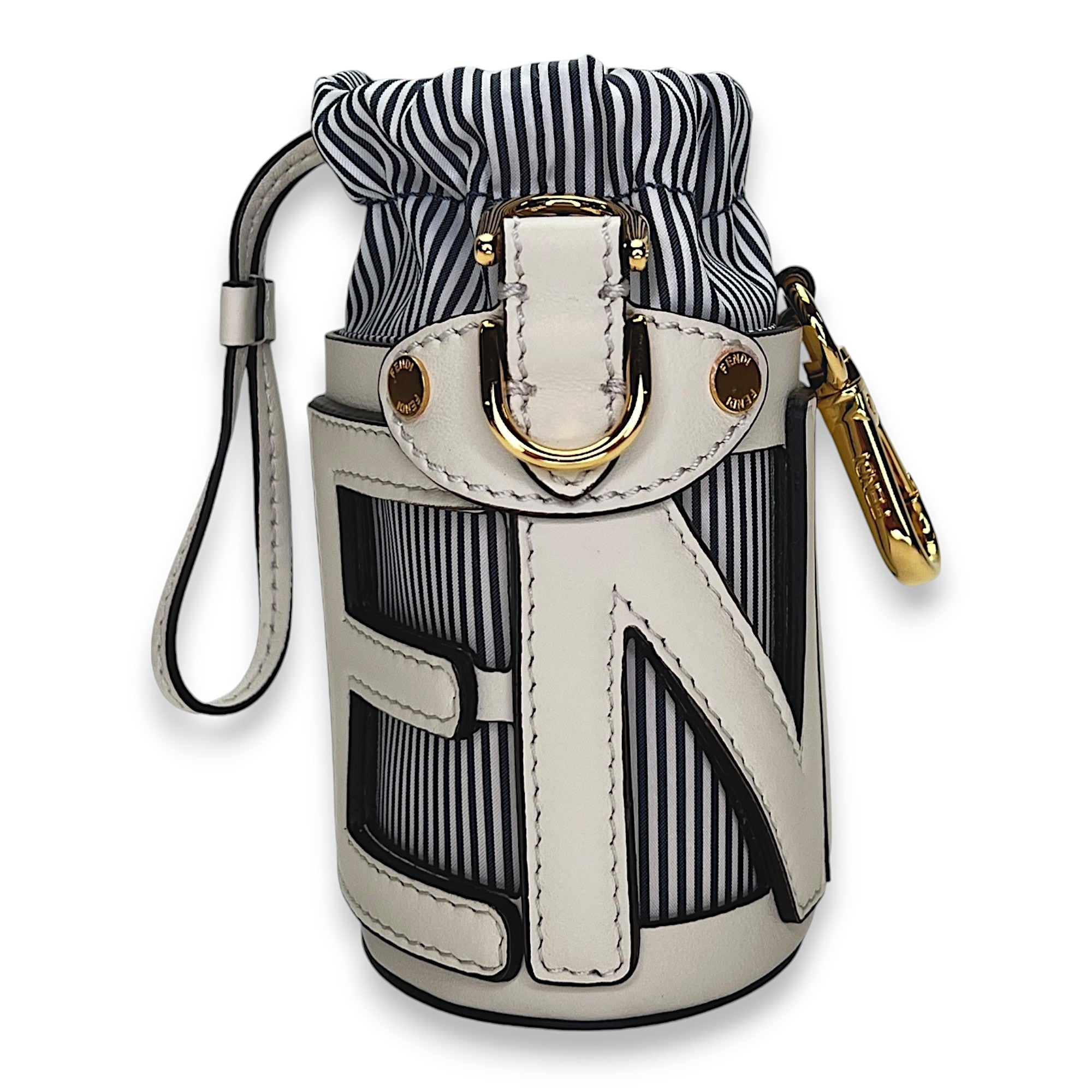 Step Out Nano White Bucket Bag in Calfskin, Gold hardware