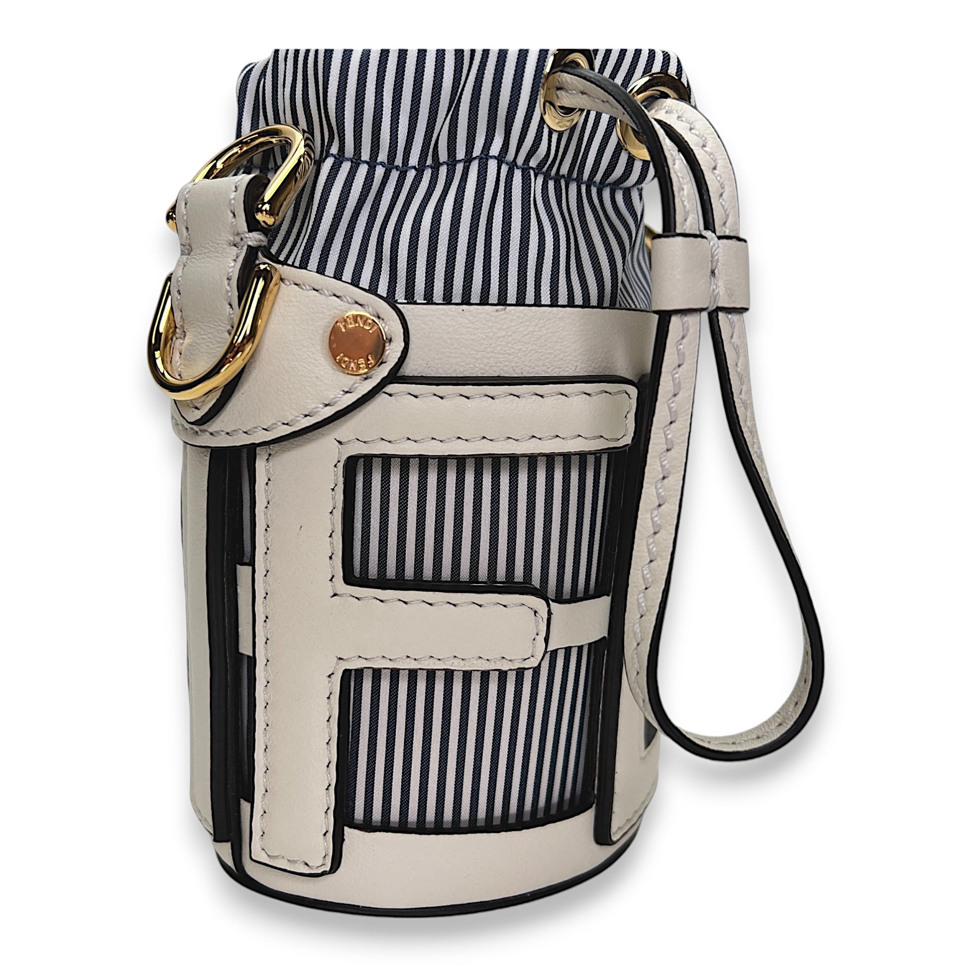 Step Out Nano White Bucket Bag in Calfskin, Gold hardware