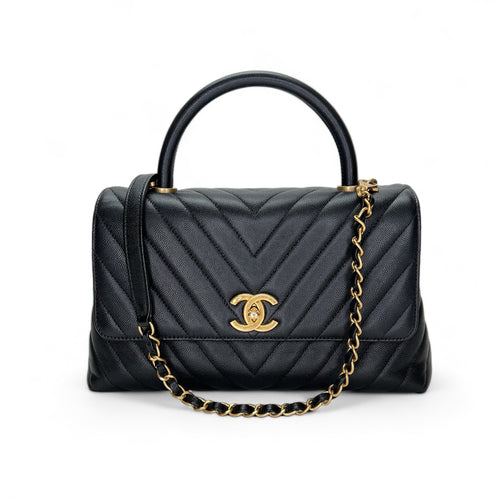 Coco Medium Black Top Handle Bag in Caviar Leather, Gold hardware