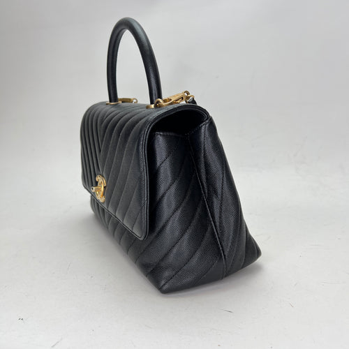 Coco Medium Black Top Handle Bag in Caviar Leather, Gold hardware