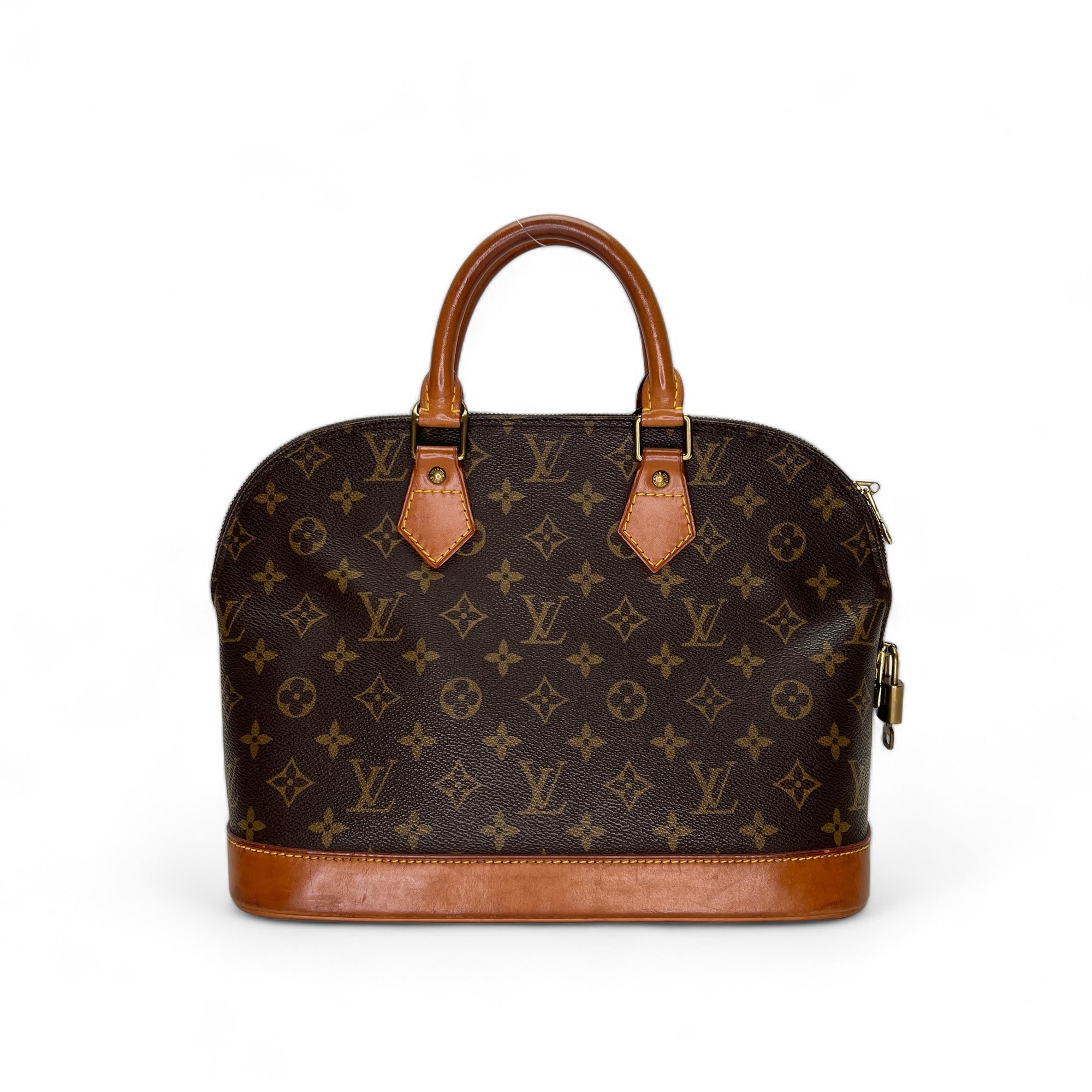 Alma PM Brown Top Handle Bag in Monogram Coated Canvas, Gold hardware