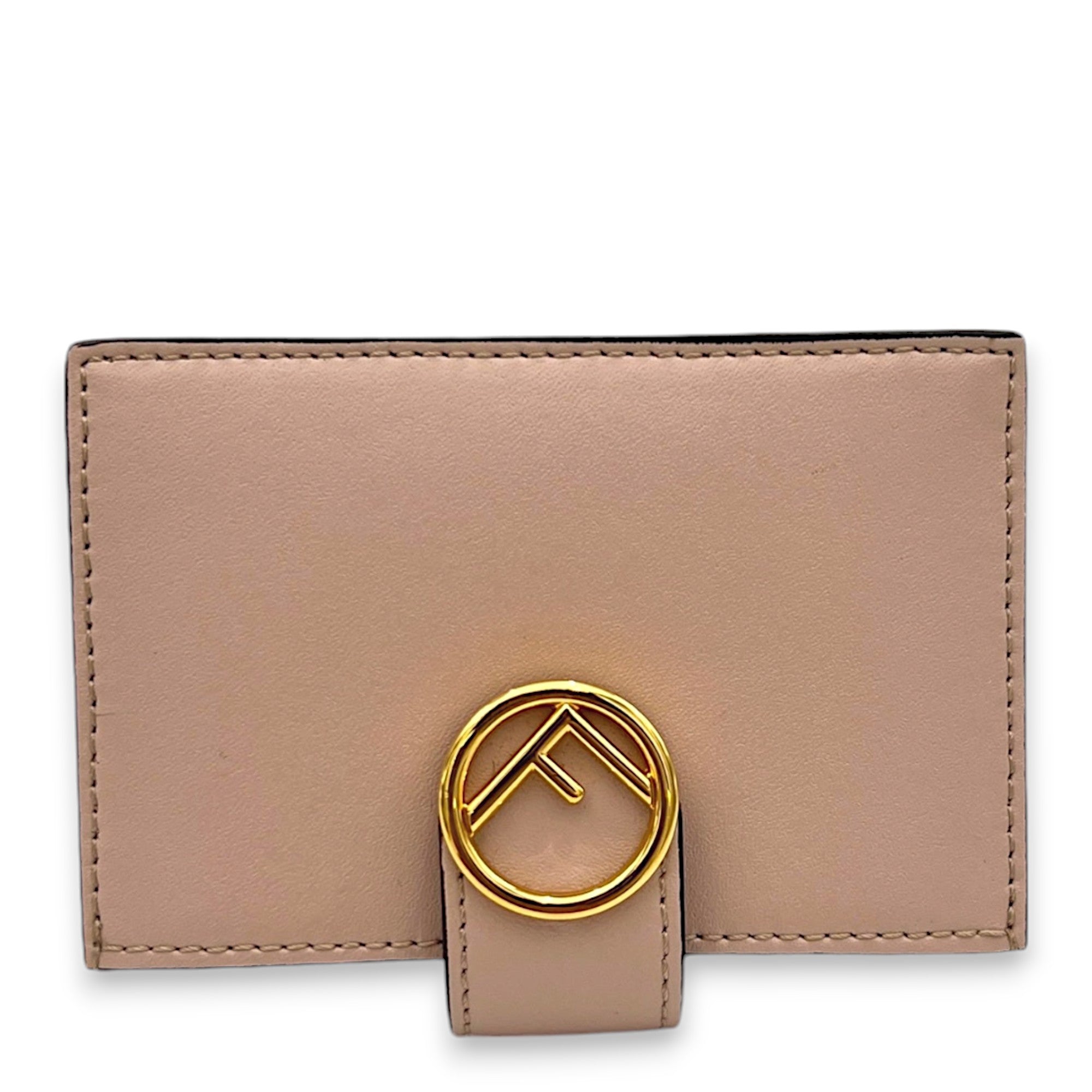 F Circle Pink Card Holder in Calfskin, Gold hardware