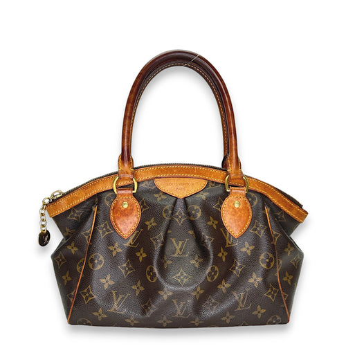 Tivoli PM Brown Top Handle Bag in Monogram Coated Canvas, Gold hardware