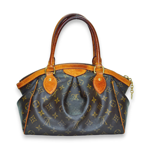 Tivoli PM Brown Top Handle Bag in Monogram Coated Canvas, Gold hardware