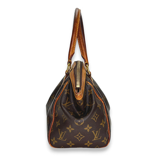 Tivoli PM Brown Top Handle Bag in Monogram Coated Canvas, Gold hardware