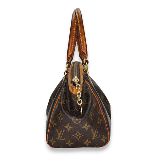 Tivoli PM Brown Top Handle Bag in Monogram Coated Canvas, Gold hardware