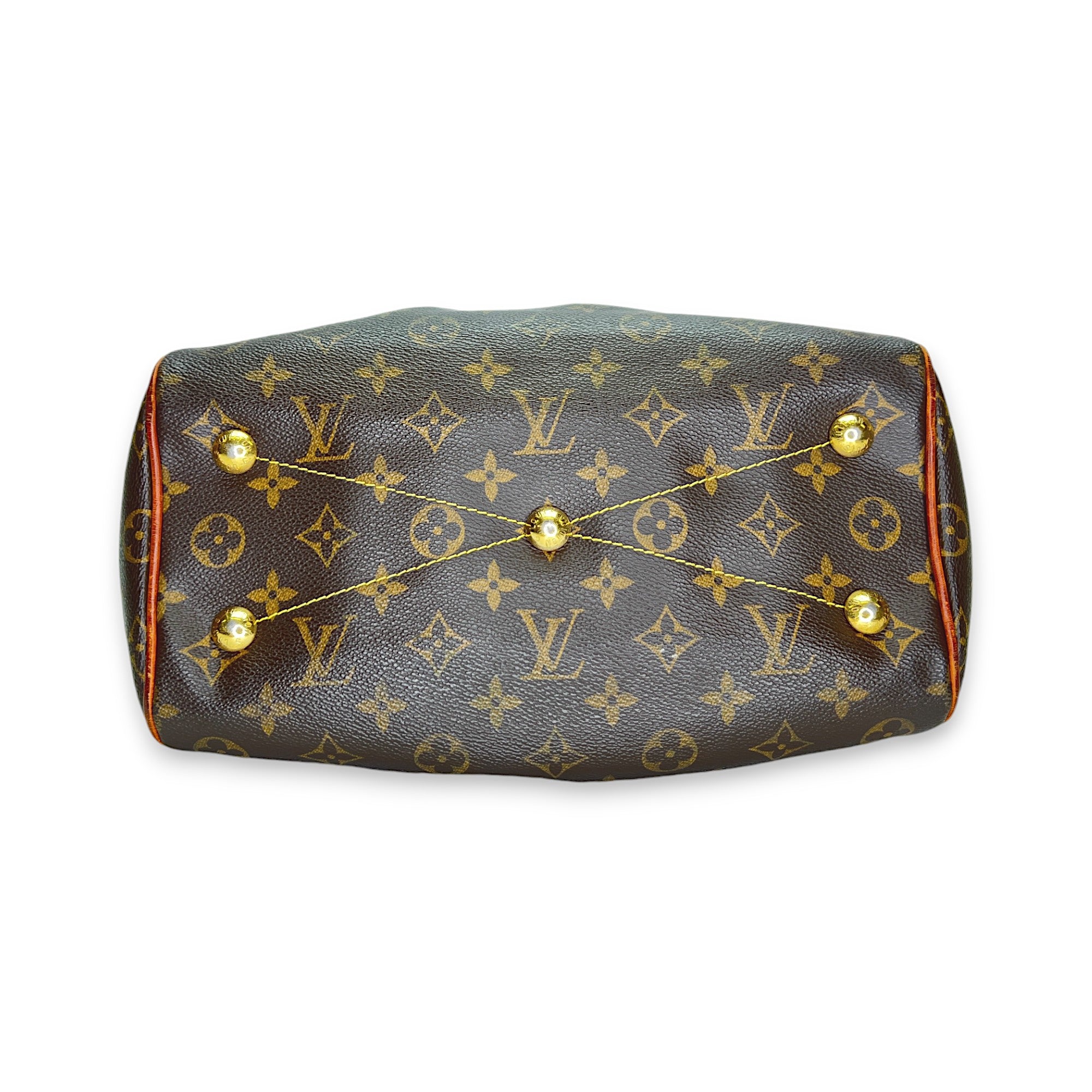 Tivoli PM Brown Top Handle Bag in Monogram Coated Canvas, Gold hardware