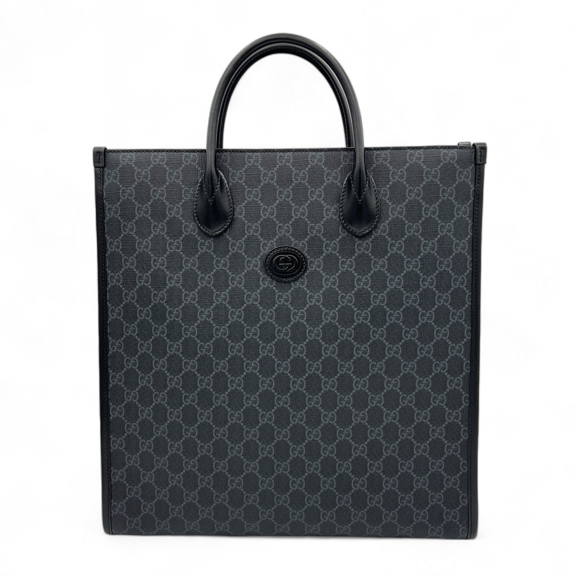 Interlocking G Medium Black Tote Bag in Monogram Coated Canvas, Silver hardware