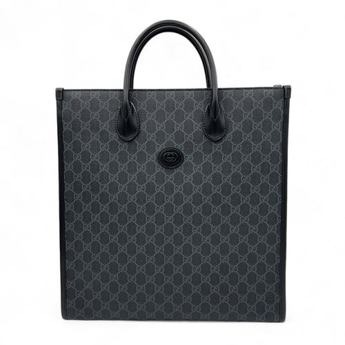 Interlocking G Medium Black Tote Bag in Monogram Coated Canvas, Silver hardware