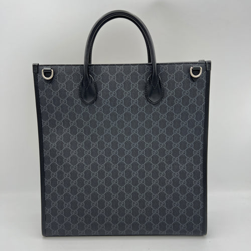 Interlocking G Medium Black Tote Bag in Monogram Coated Canvas, Silver hardware