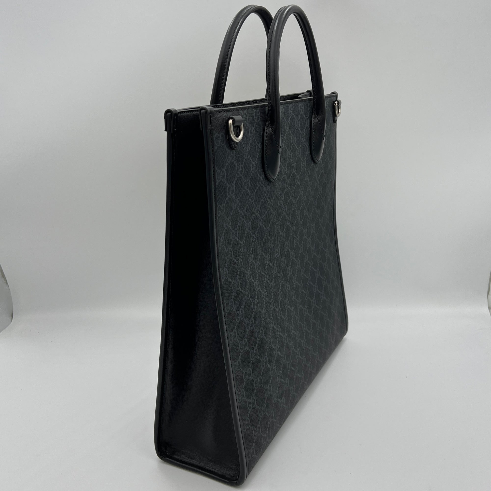 Interlocking G Medium Black Tote Bag in Monogram Coated Canvas, Silver hardware