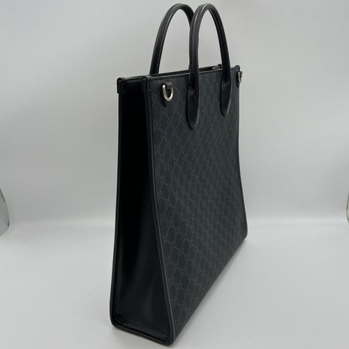 Interlocking G Medium Black Tote Bag in Monogram Coated Canvas, Silver hardware