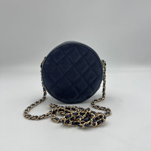 Classic Round Navy Crossbody Bag in Caviar Leather, Gold hardware