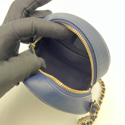 Classic Round Navy Crossbody Bag in Caviar Leather, Gold hardware