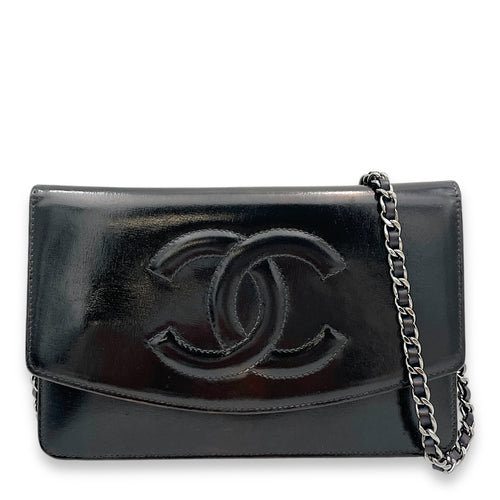 CC Wallet On Chain Black in Patent Leather, Silver hardware