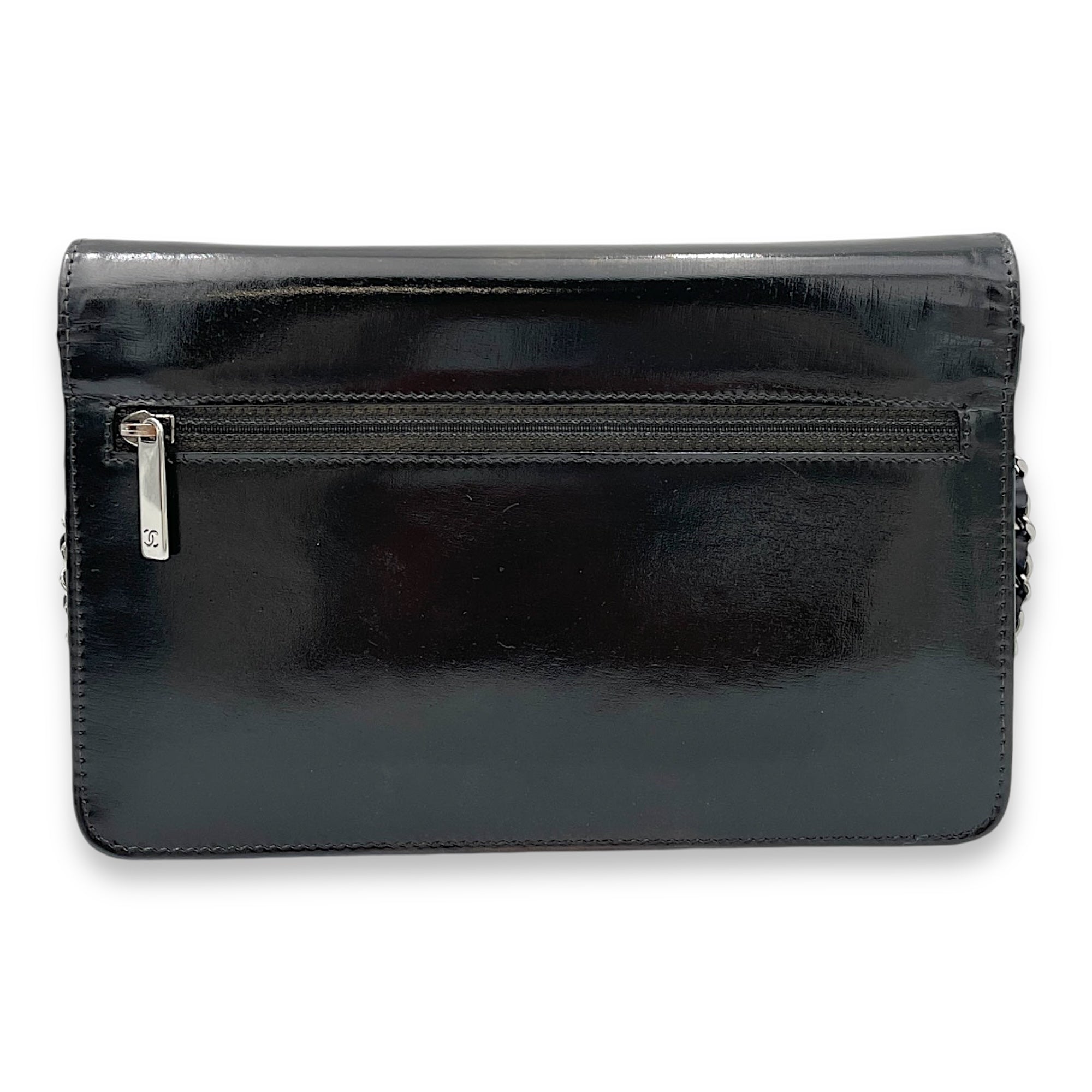 CC Wallet On Chain Black in Patent Leather, Silver hardware