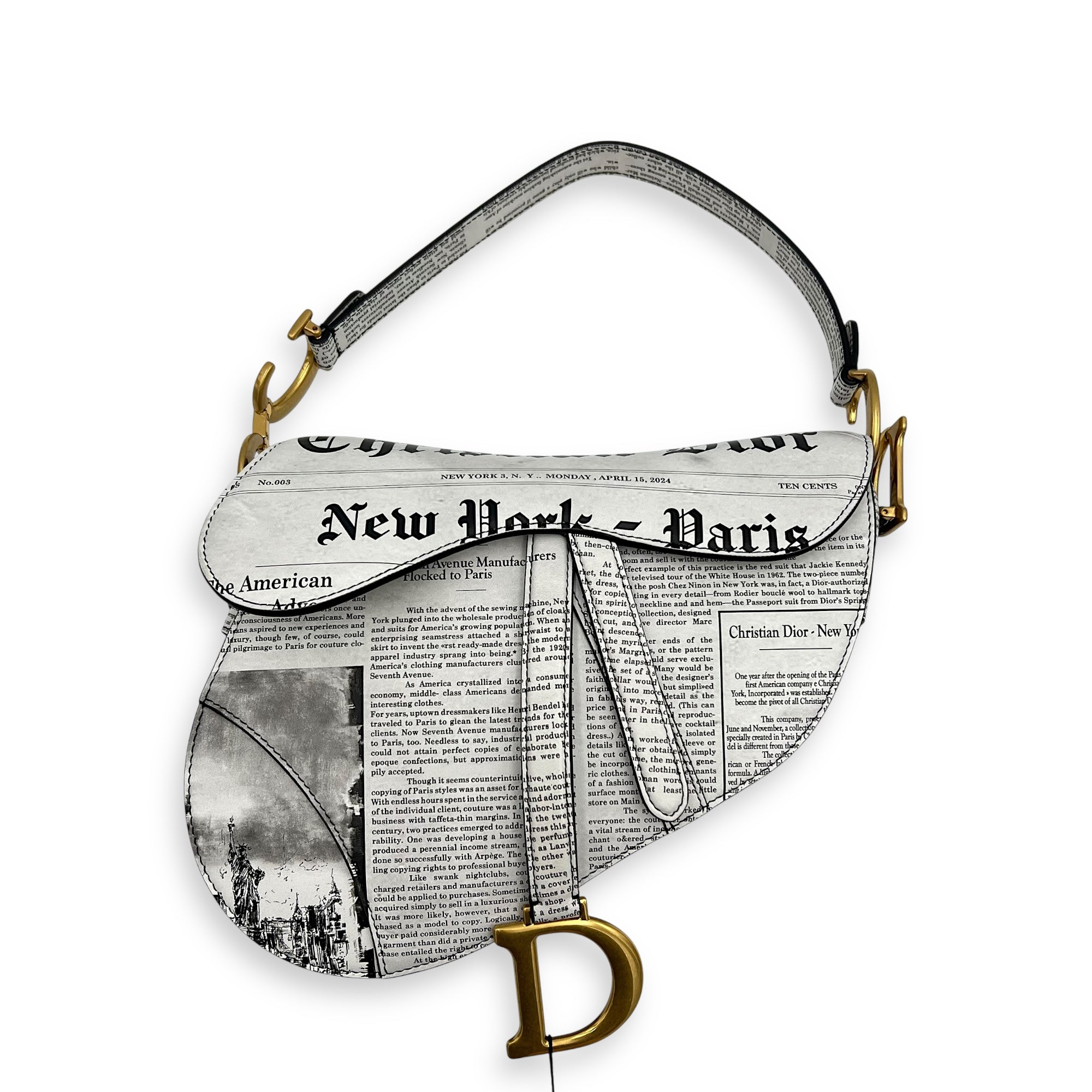 Limited Edition Newspaper Print Saddle Medium With Strap in Calfskin, Gold hardware