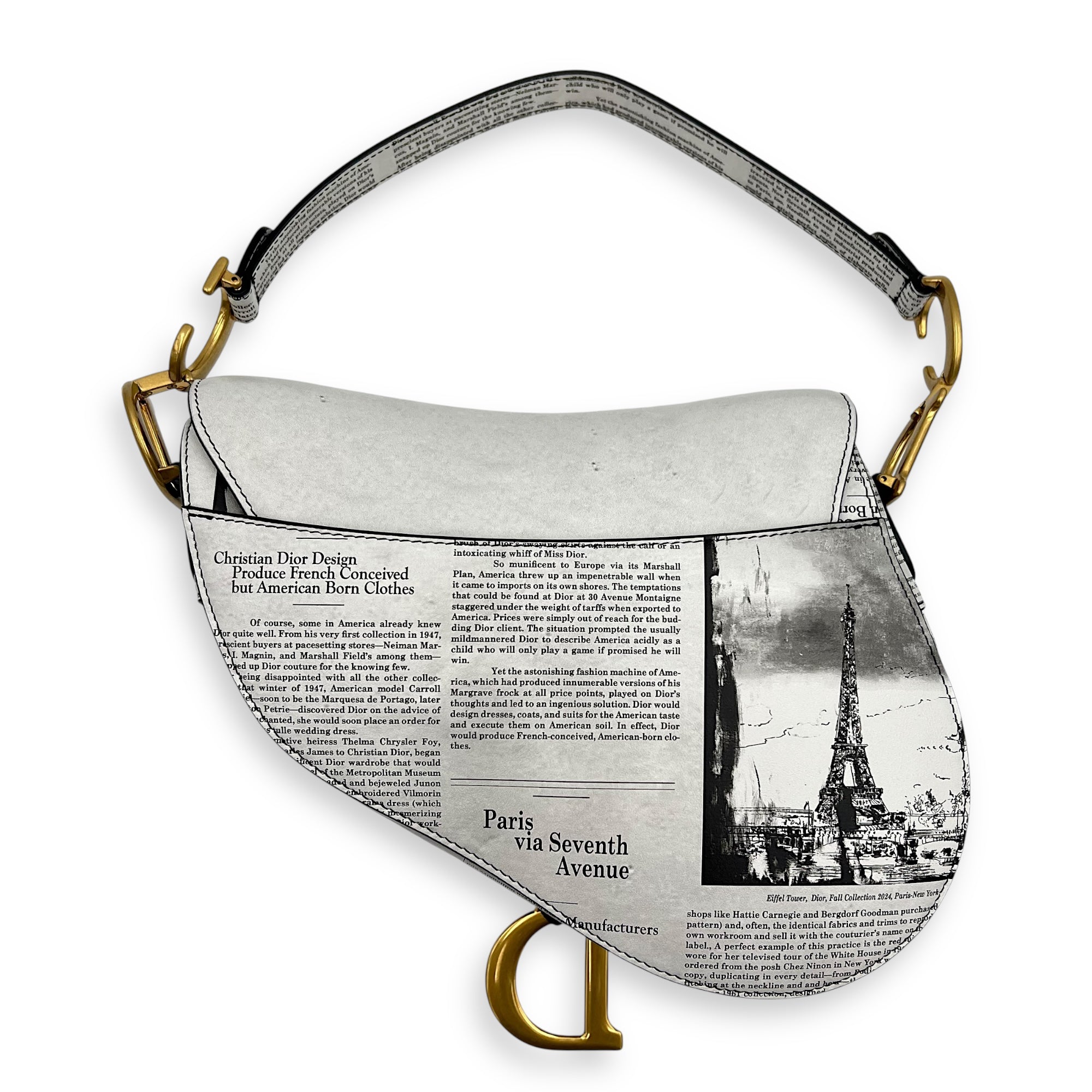 Limited Edition Newspaper Print Saddle Medium With Strap in Calfskin, Gold hardware