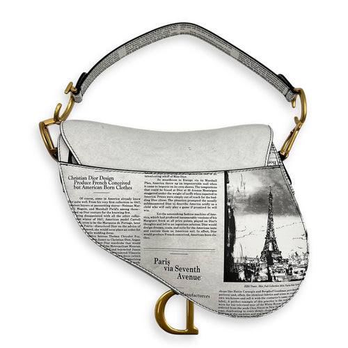 Limited Edition Newspaper Print Saddle Medium With Strap in Calfskin, Gold hardware
