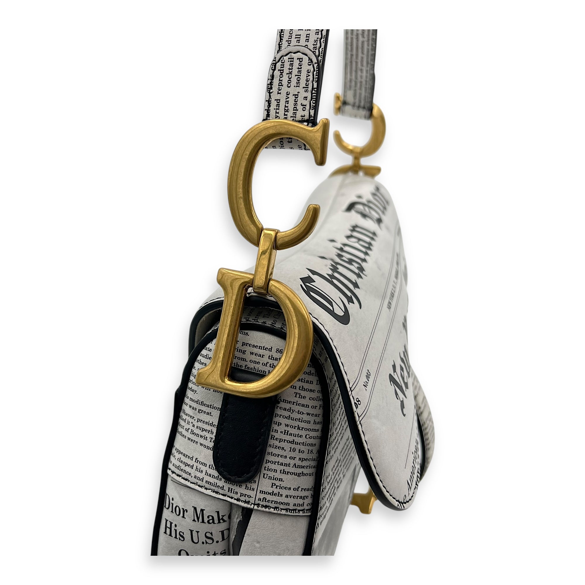Limited Edition Newspaper Print Saddle Medium With Strap in Calfskin, Gold hardware
