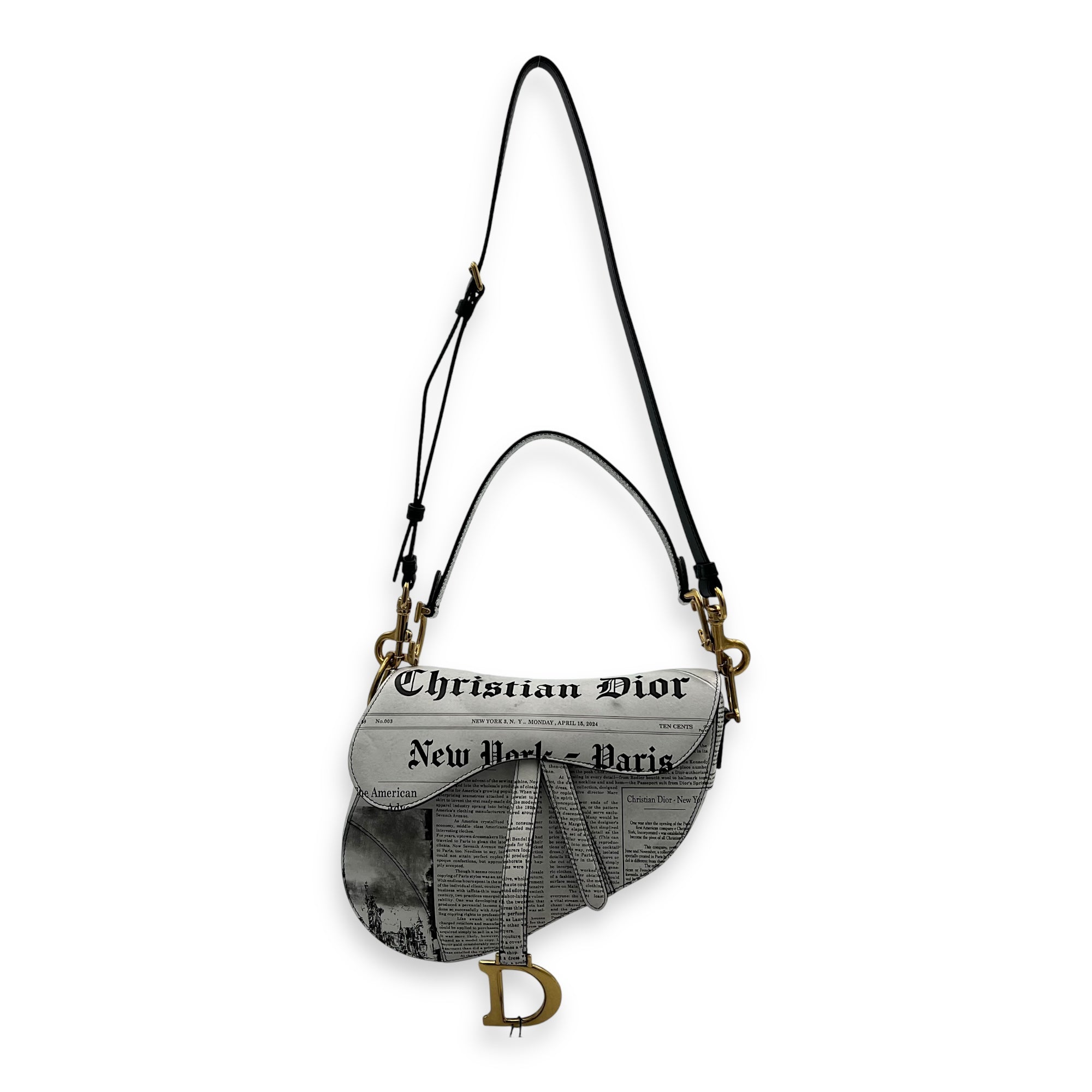 Limited Edition Newspaper Print Saddle Medium With Strap in Calfskin, Gold hardware