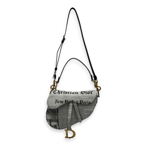 Limited Edition Newspaper Print Saddle Medium With Strap in Calfskin, Gold hardware