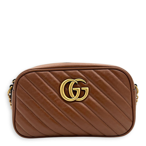 GG Marmont Crossbody Bag Brown in Calfskin, Gold hardware