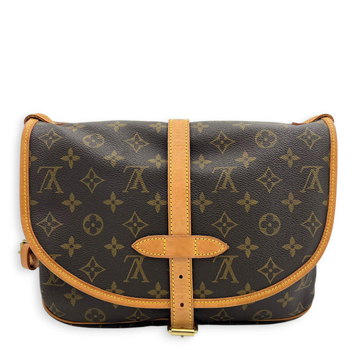 Saumur Crossbody Bag Brown in Monogram Coated Canvas, Gold hardware