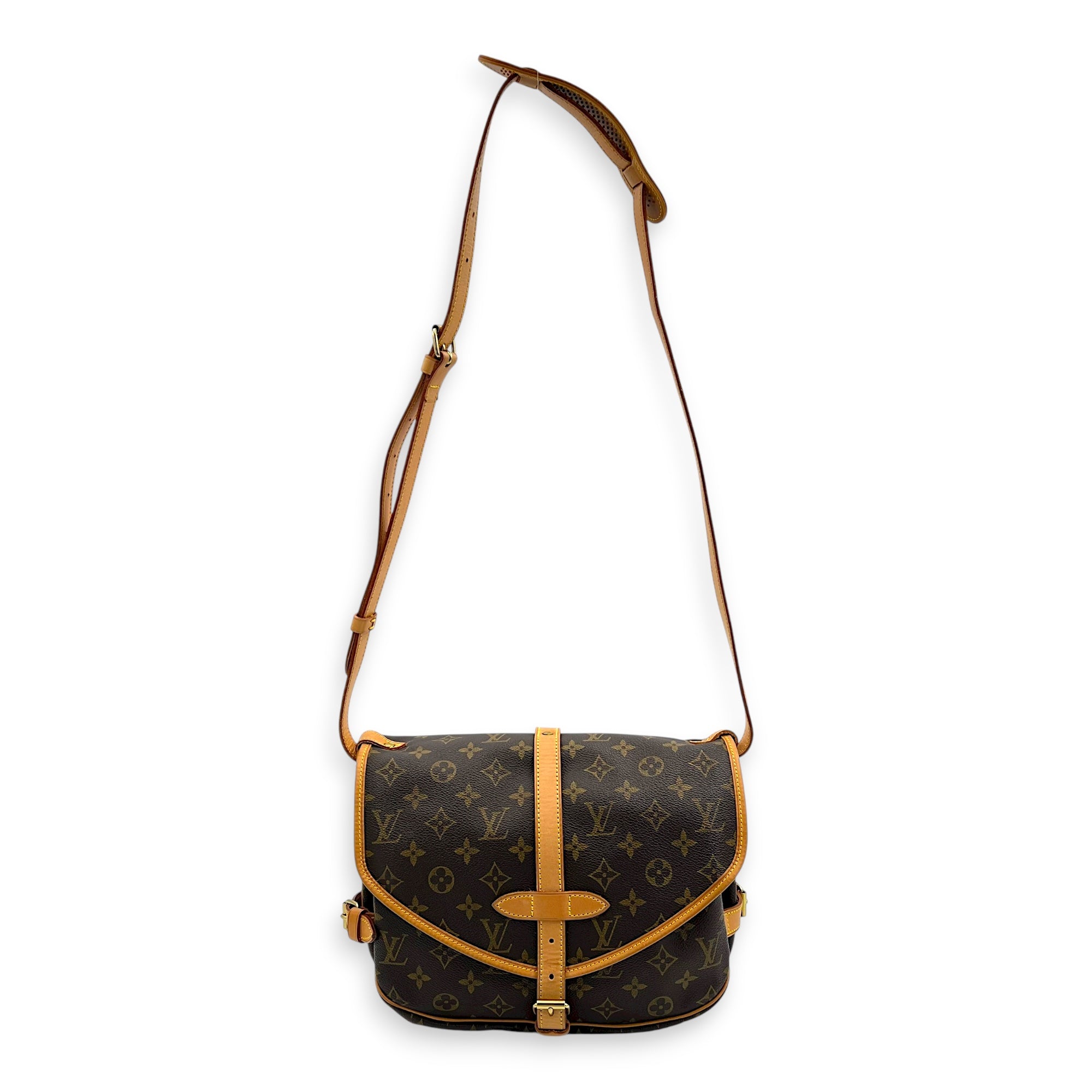 Saumur Crossbody Bag Brown in Monogram Coated Canvas, Gold hardware