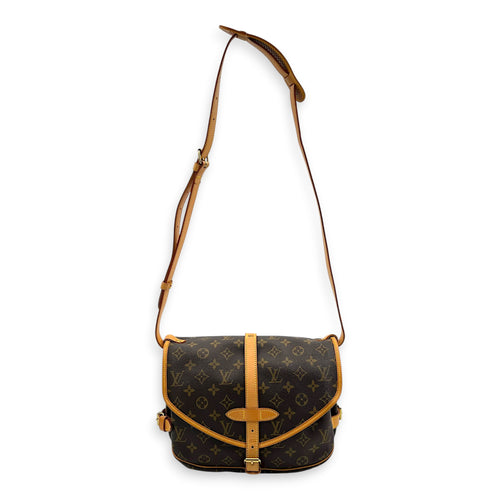 Saumur Crossbody Bag Brown in Monogram Coated Canvas, Gold hardware