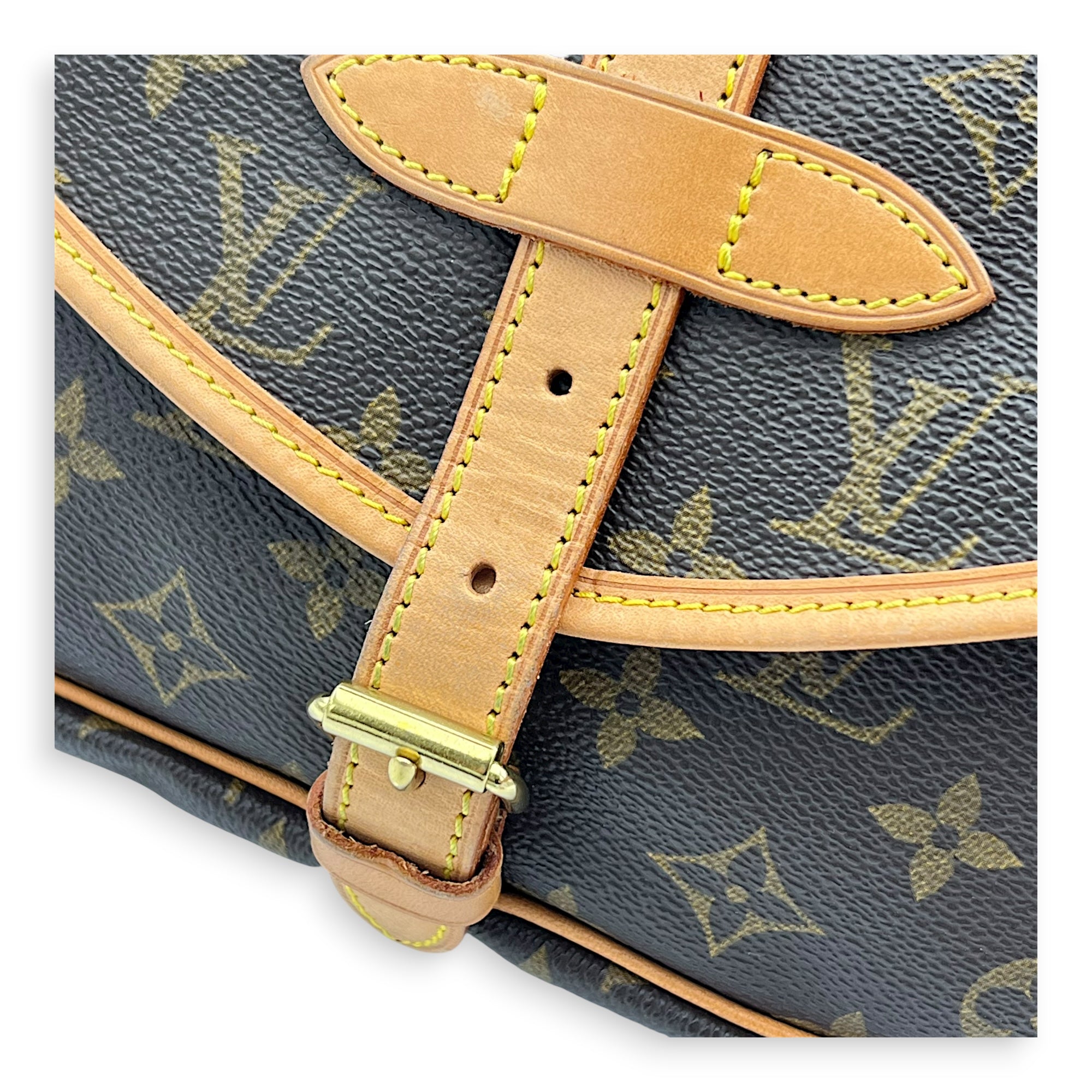 Saumur Crossbody Bag Brown in Monogram Coated Canvas, Gold hardware