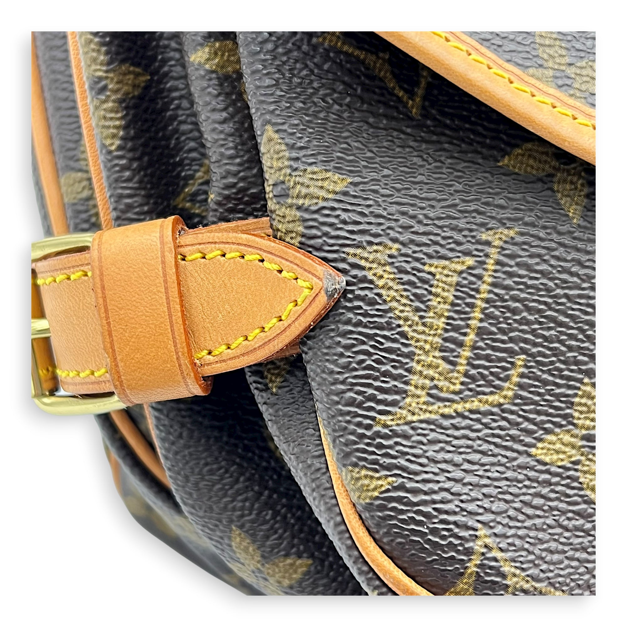 Saumur Crossbody Bag Brown in Monogram Coated Canvas, Gold hardware