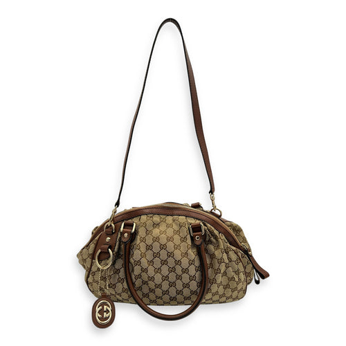 GG Top Handle Bag Brown in Jacquard, Gold hardware