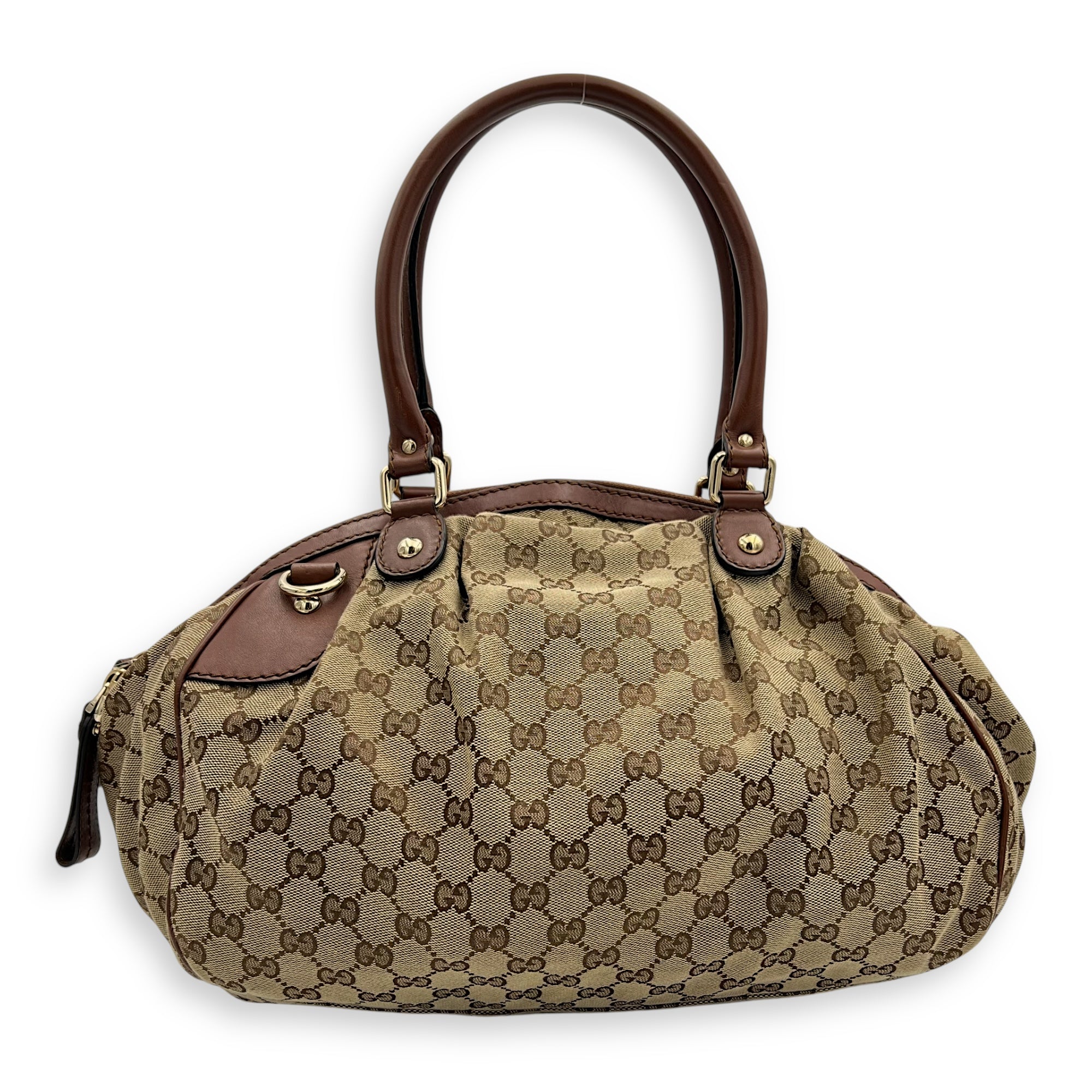 GG Top Handle Bag Brown in Jacquard, Gold hardware