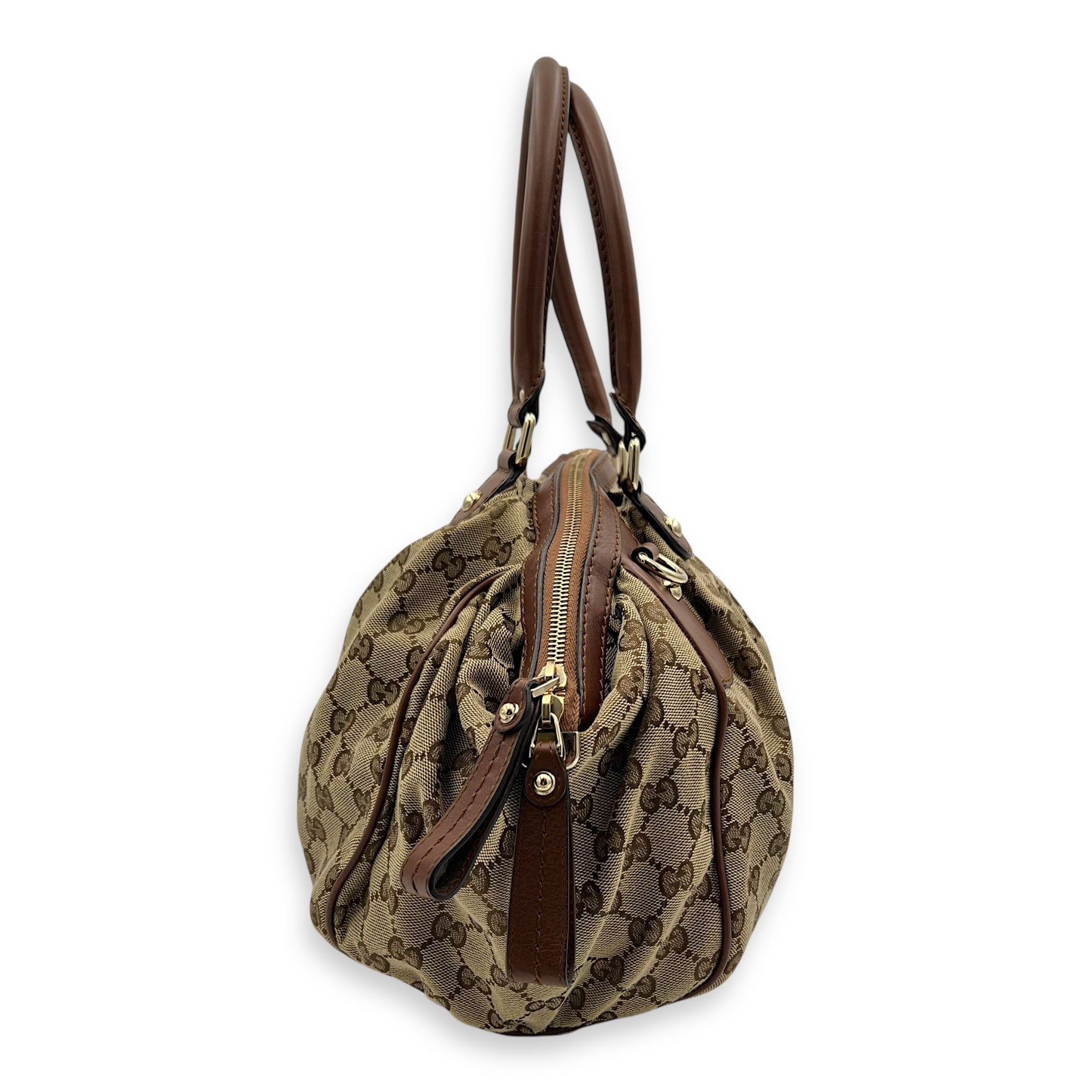 GG Top Handle Bag Brown in Jacquard, Gold hardware