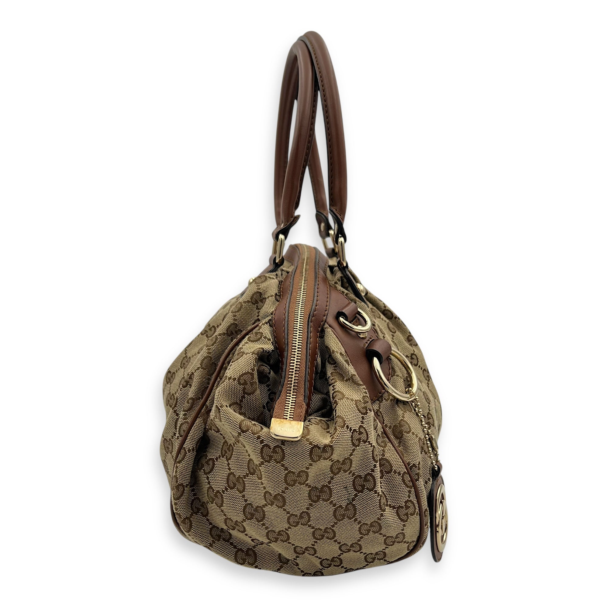 GG Top Handle Bag Brown in Jacquard, Gold hardware