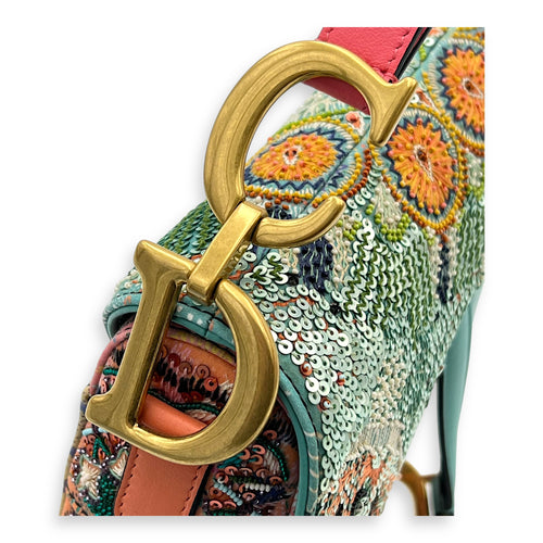 Saddle Shoulder Bag Medium Multi-colour in Beads, Gold hardware