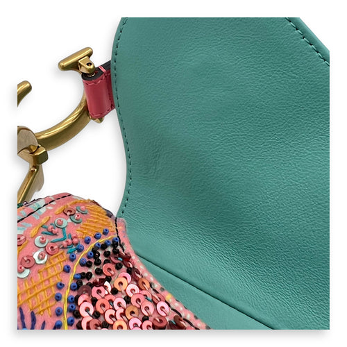 Saddle Shoulder Bag Medium Multi-colour in Beads, Gold hardware