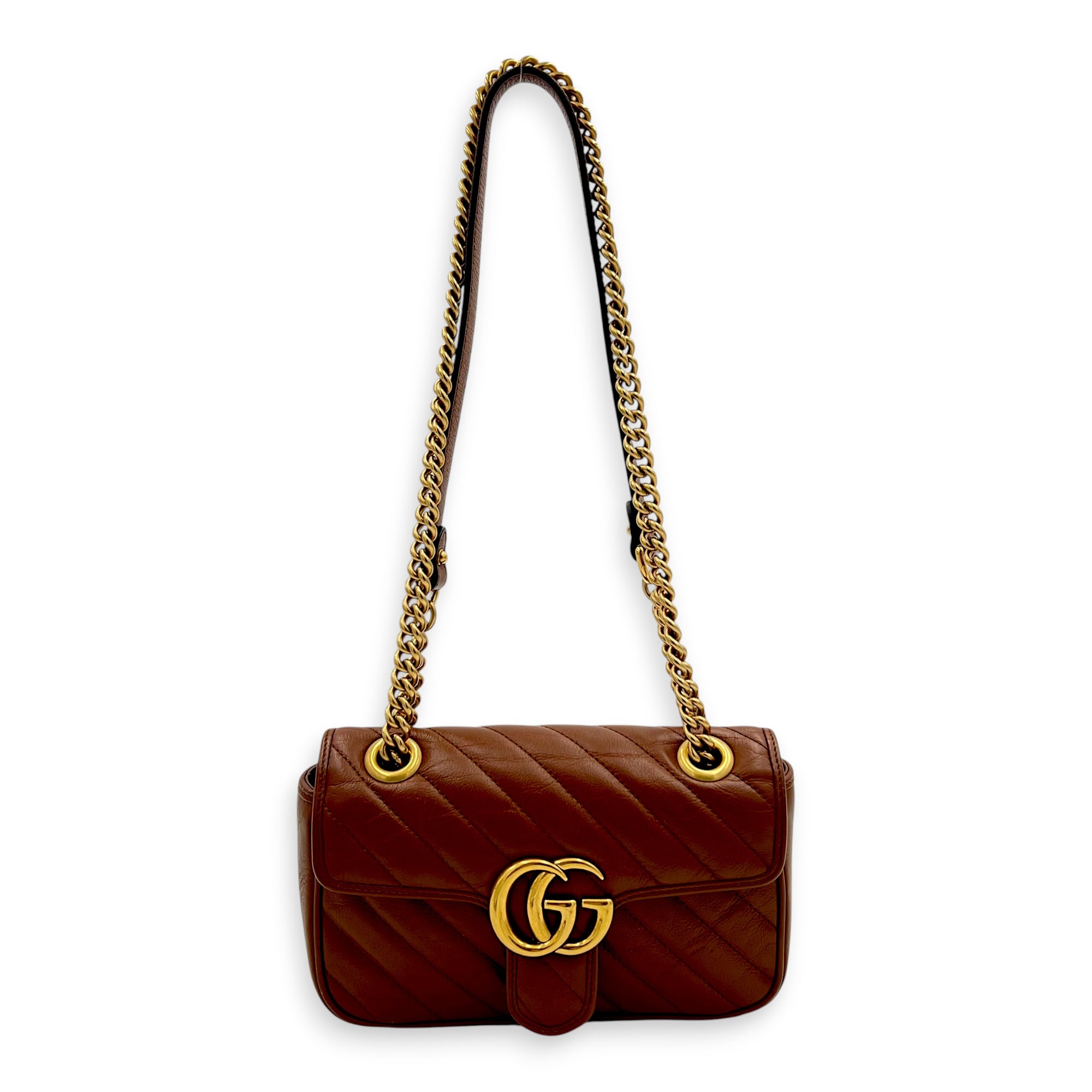 GG Marmont Mini Brown Shoulder Bag in Calfskin, Gold hardware