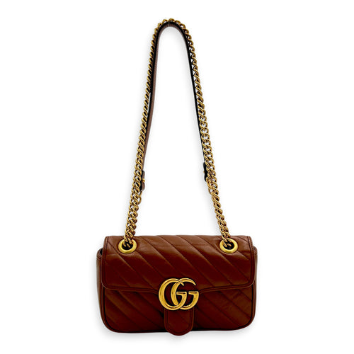 GG Marmont Mini Brown Shoulder Bag in Calfskin, Gold hardware