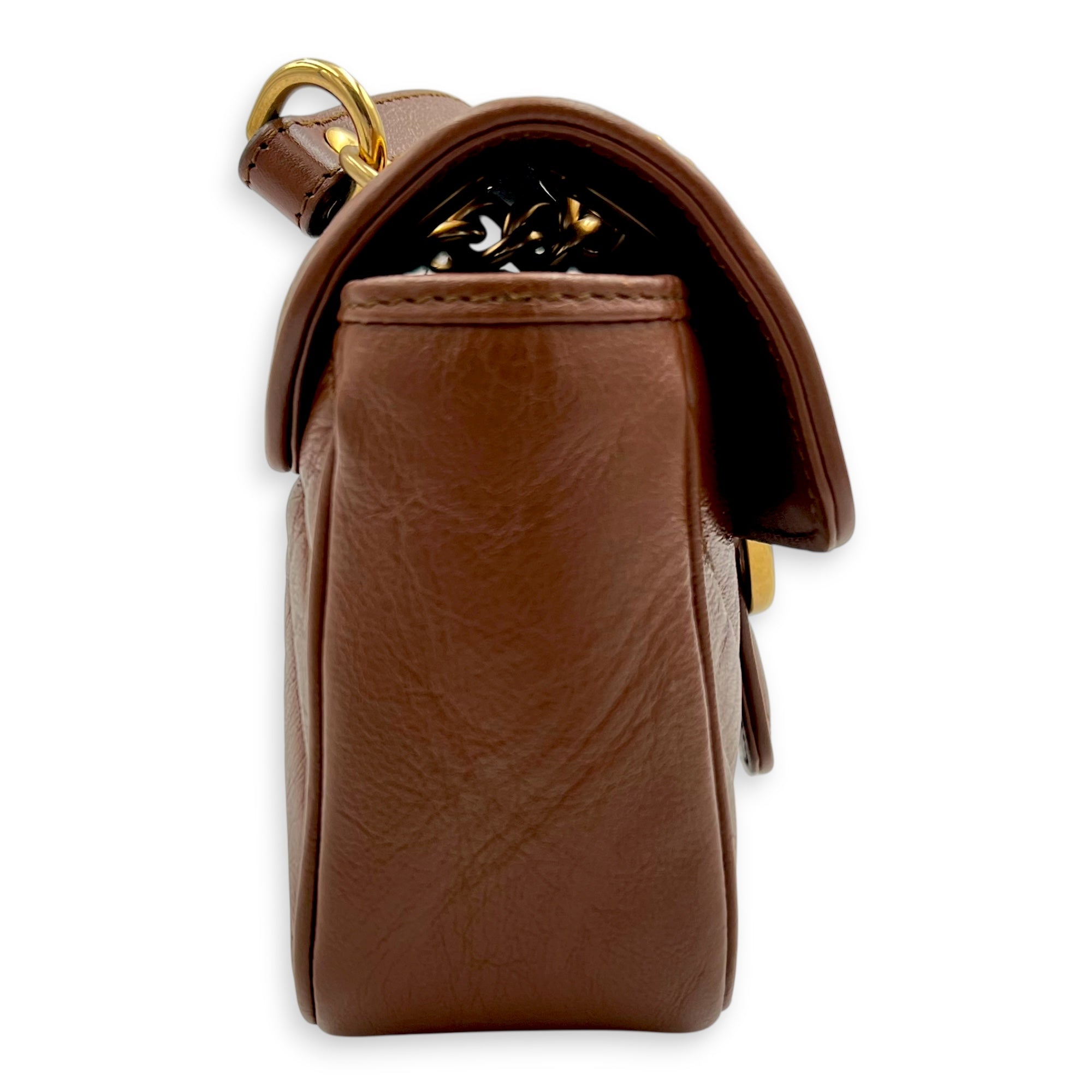 GG Marmont Mini Brown Shoulder Bag in Calfskin, Gold hardware
