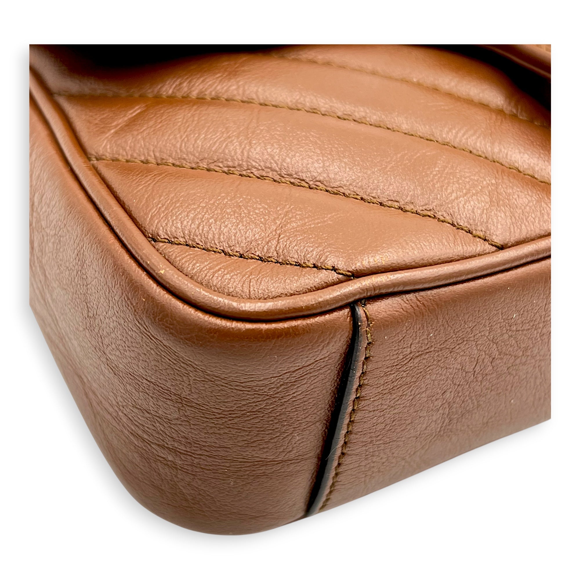 GG Marmont Mini Brown Shoulder Bag in Calfskin, Gold hardware