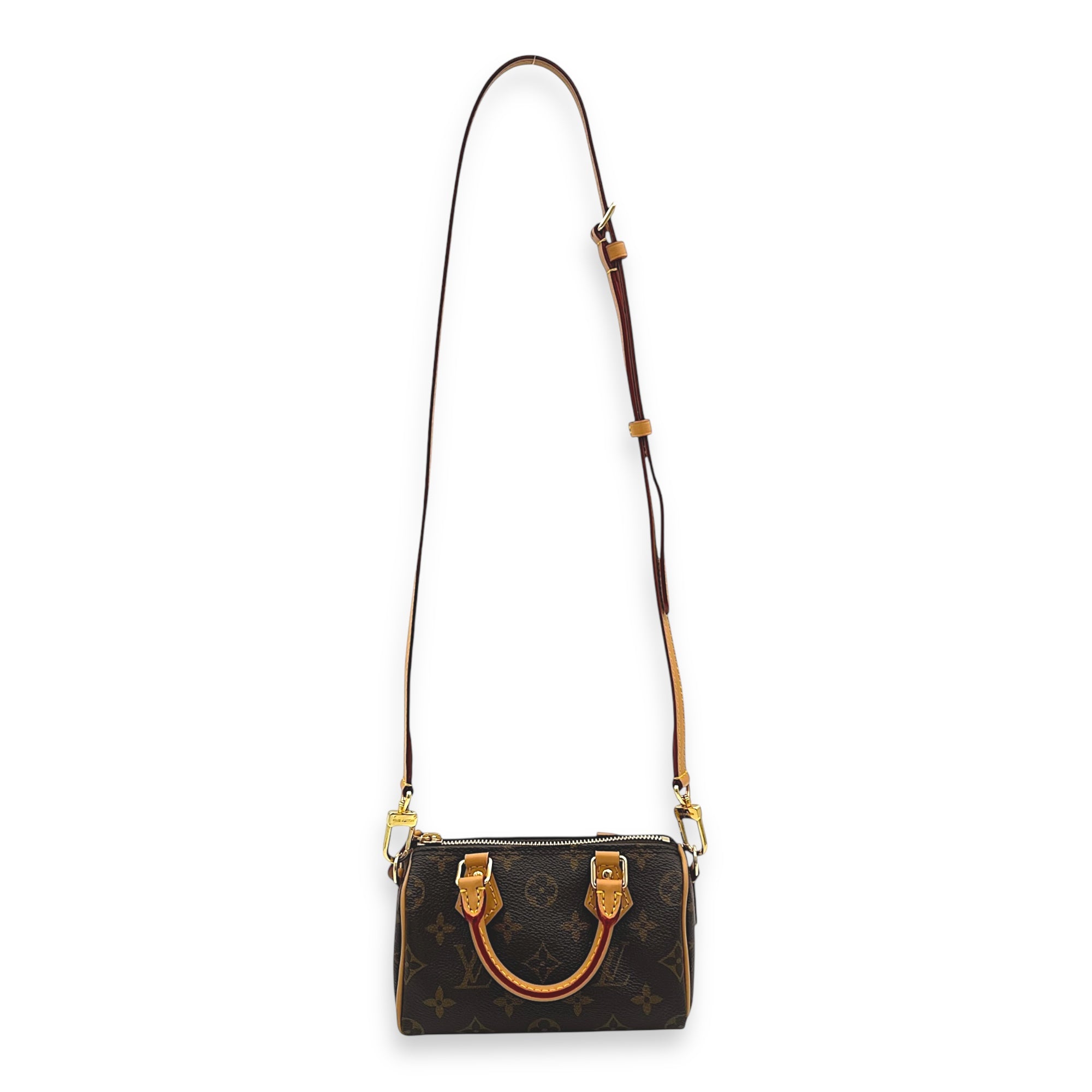 Speedy Top Handle Bag Nano Brown in Monogram Coated Canvas, Gold hardware