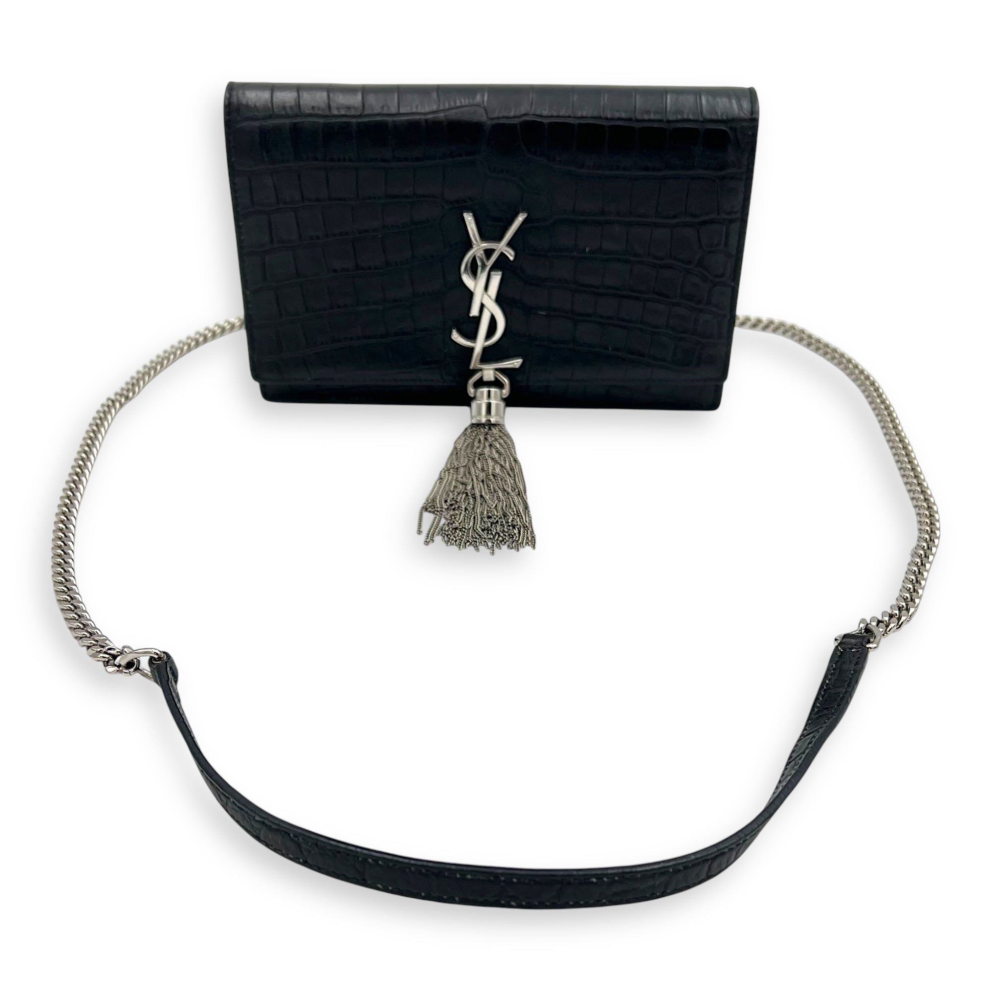 Kate Tassel Black Crossbody Bag in Calfskin, Silver hardware