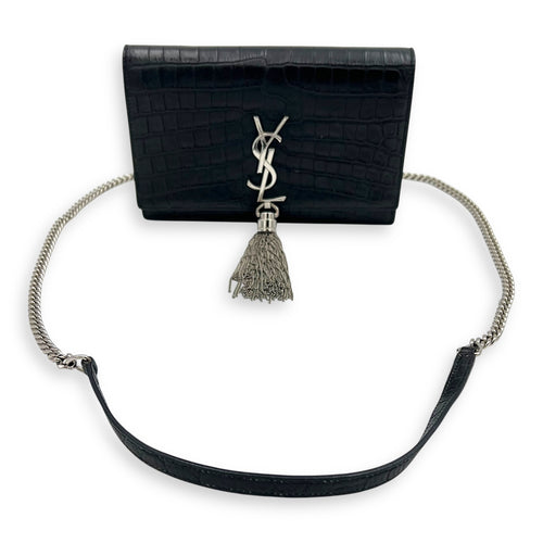 Kate Tassel Black Crossbody Bag in Calfskin, Silver hardware