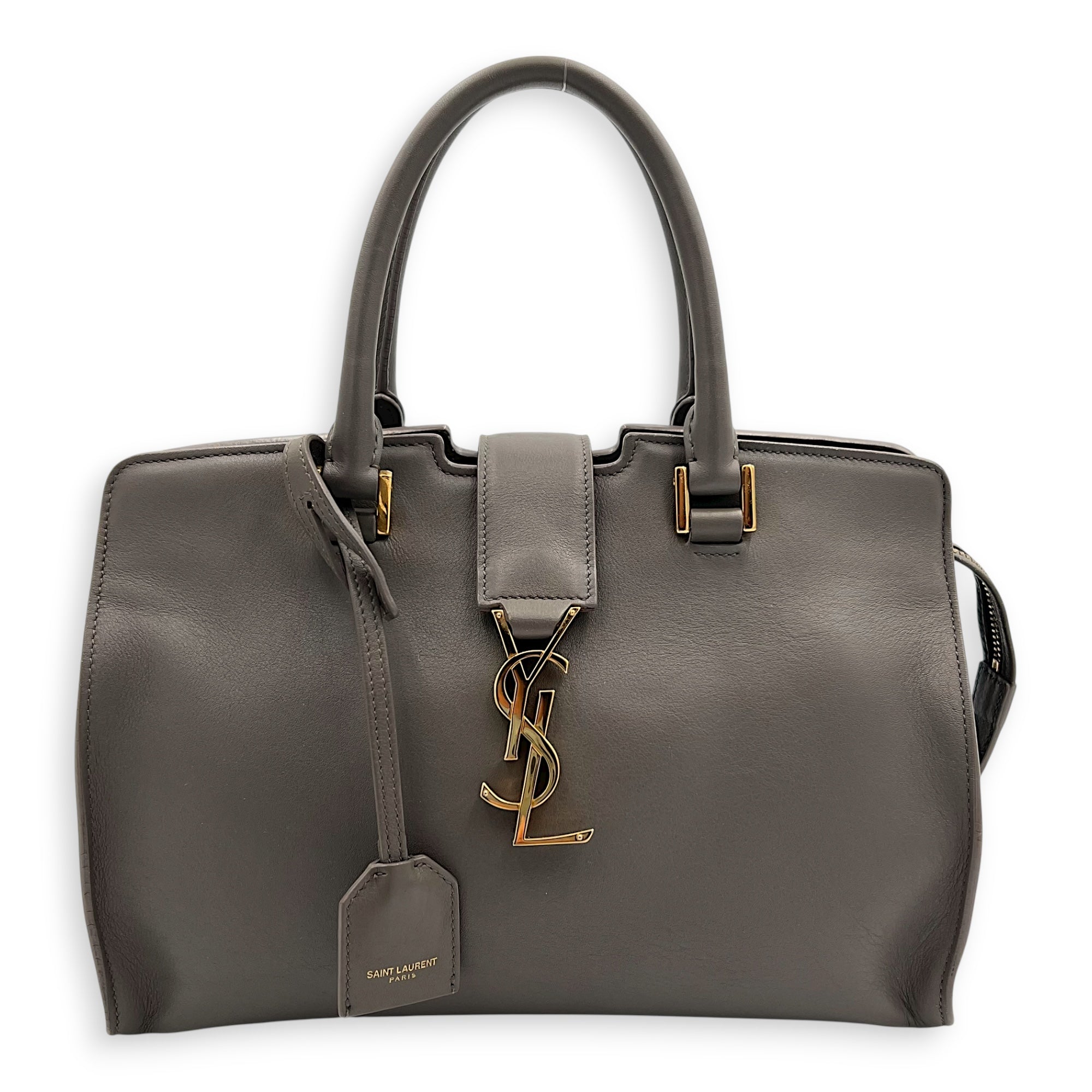 Cabas Top Handle Bag Grey in Calfskin, Gold hardware