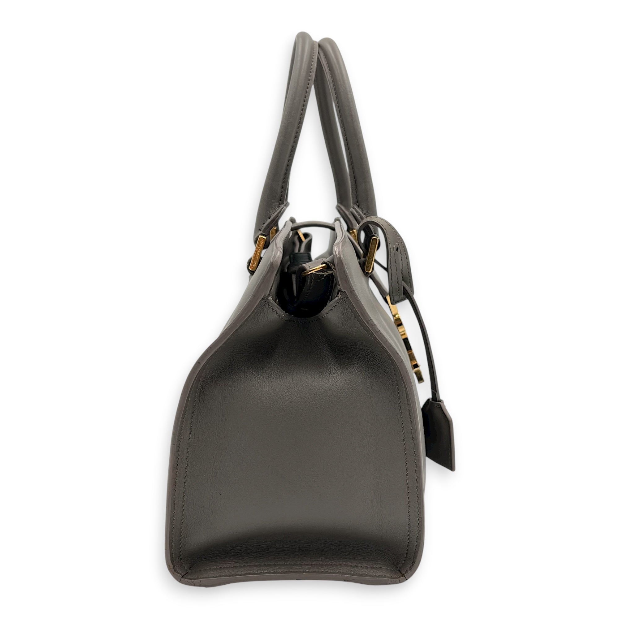 Cabas Top Handle Bag Grey in Calfskin, Gold hardware