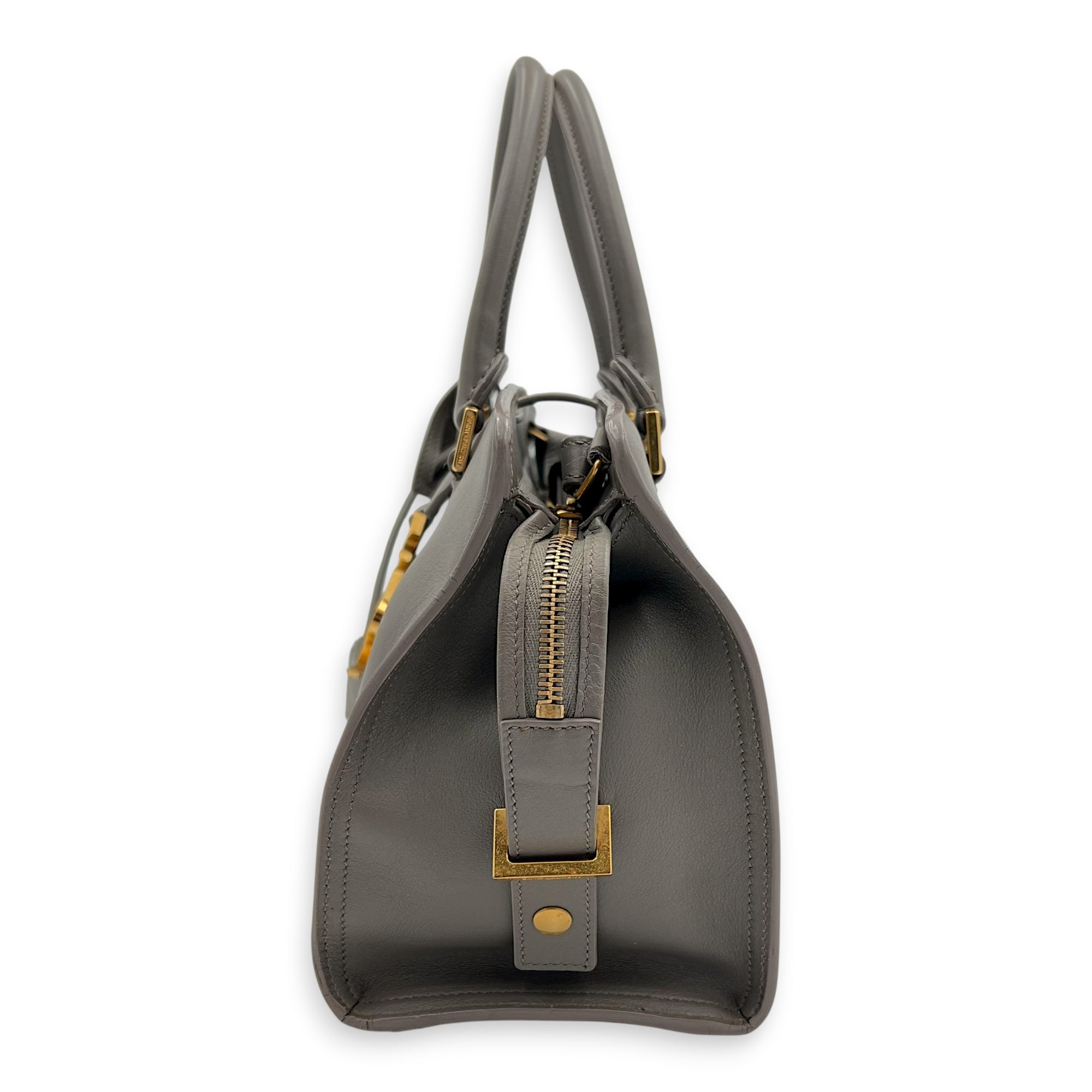 Cabas Top Handle Bag Grey in Calfskin, Gold hardware